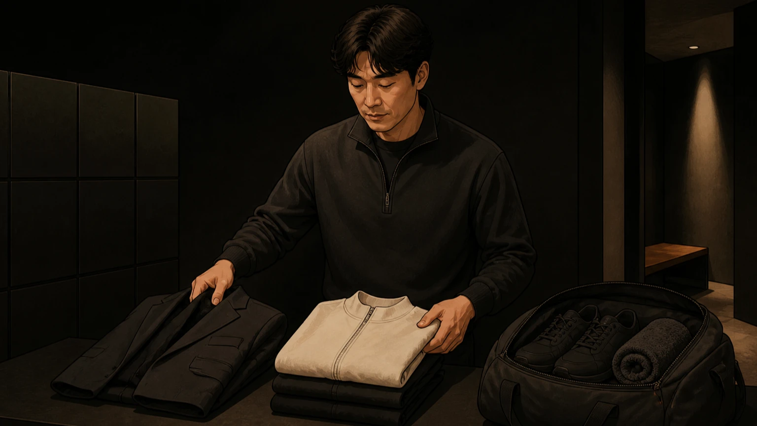 운동 전 출근용 옷과 갈아입을 옷을 가방 옆에 나누어 정리하는 남성
