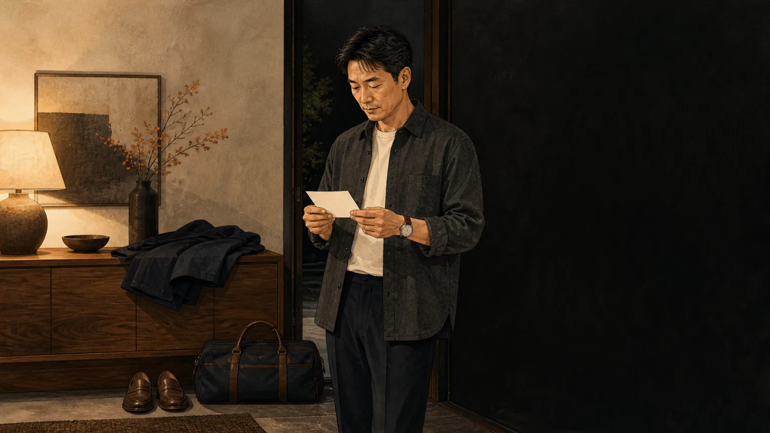 출발 전 현관에서 아우터와 신발, 가방을 정리하며 메모를 확인하는 남성