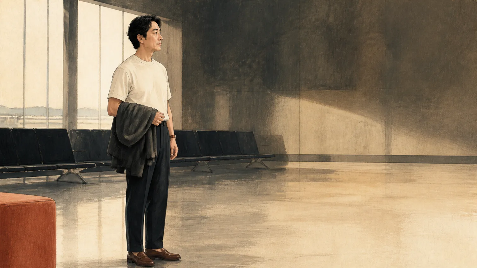 공항 대기 공간에서 아우터를 팔에 걸고 기다리는 남성