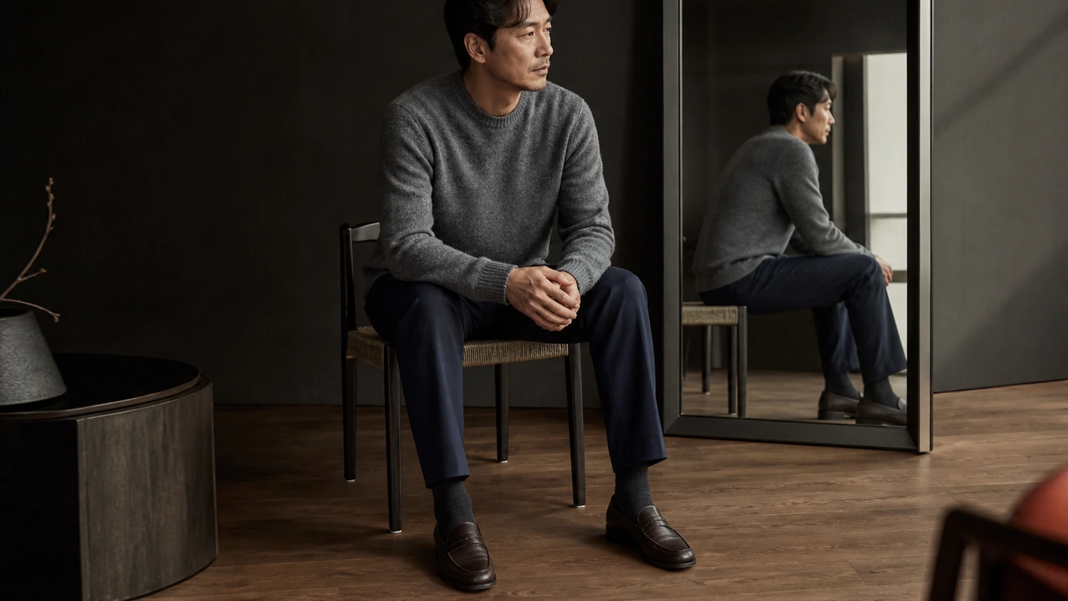 거울 앞에서 네이비 팬츠와 어두운 양말, 신발의 연결을 살피는 남성