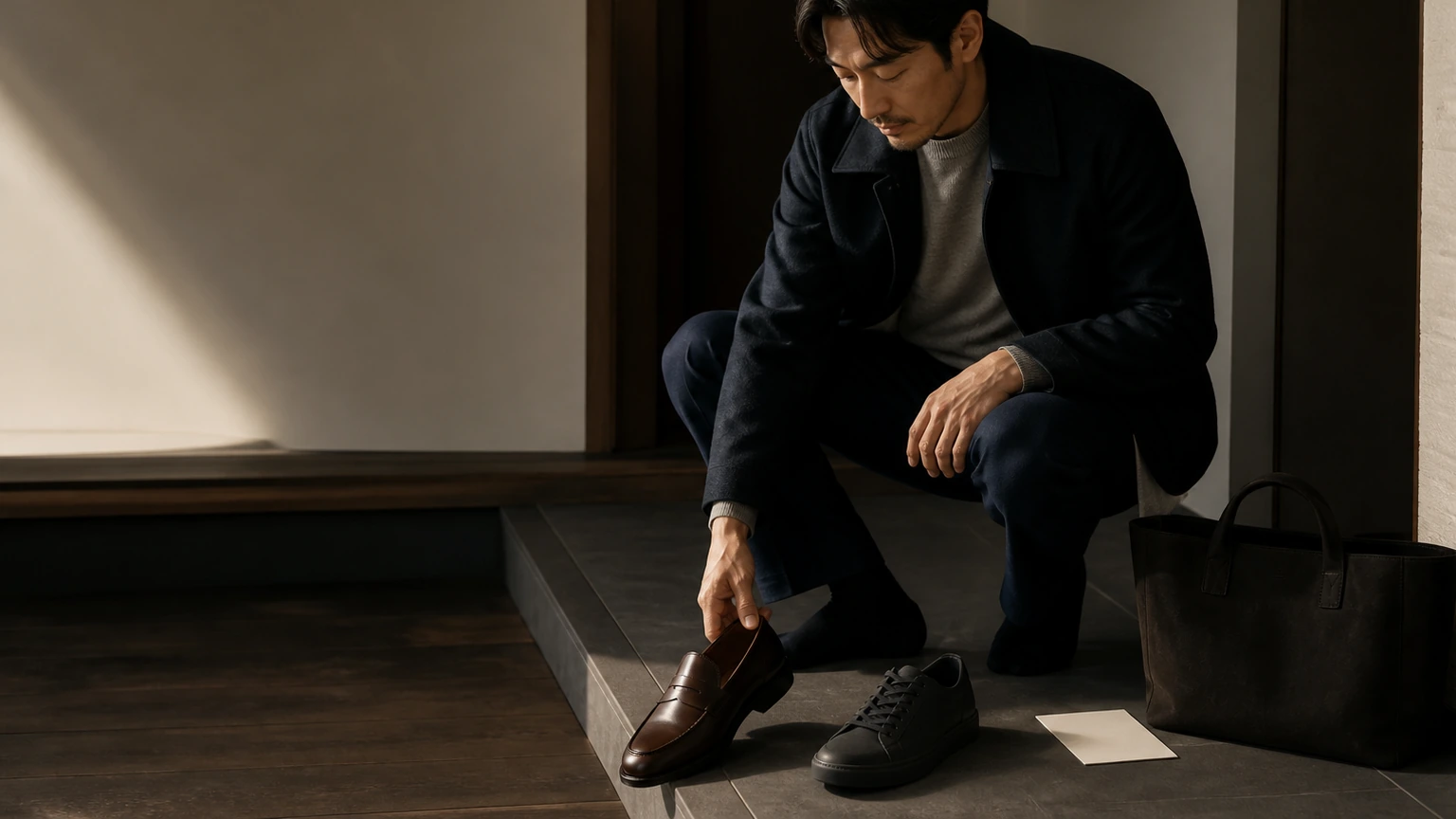 현관에서 일정 카드와 신발 후보를 함께 두고 출발 전 한 켤레를 고르는 남성
