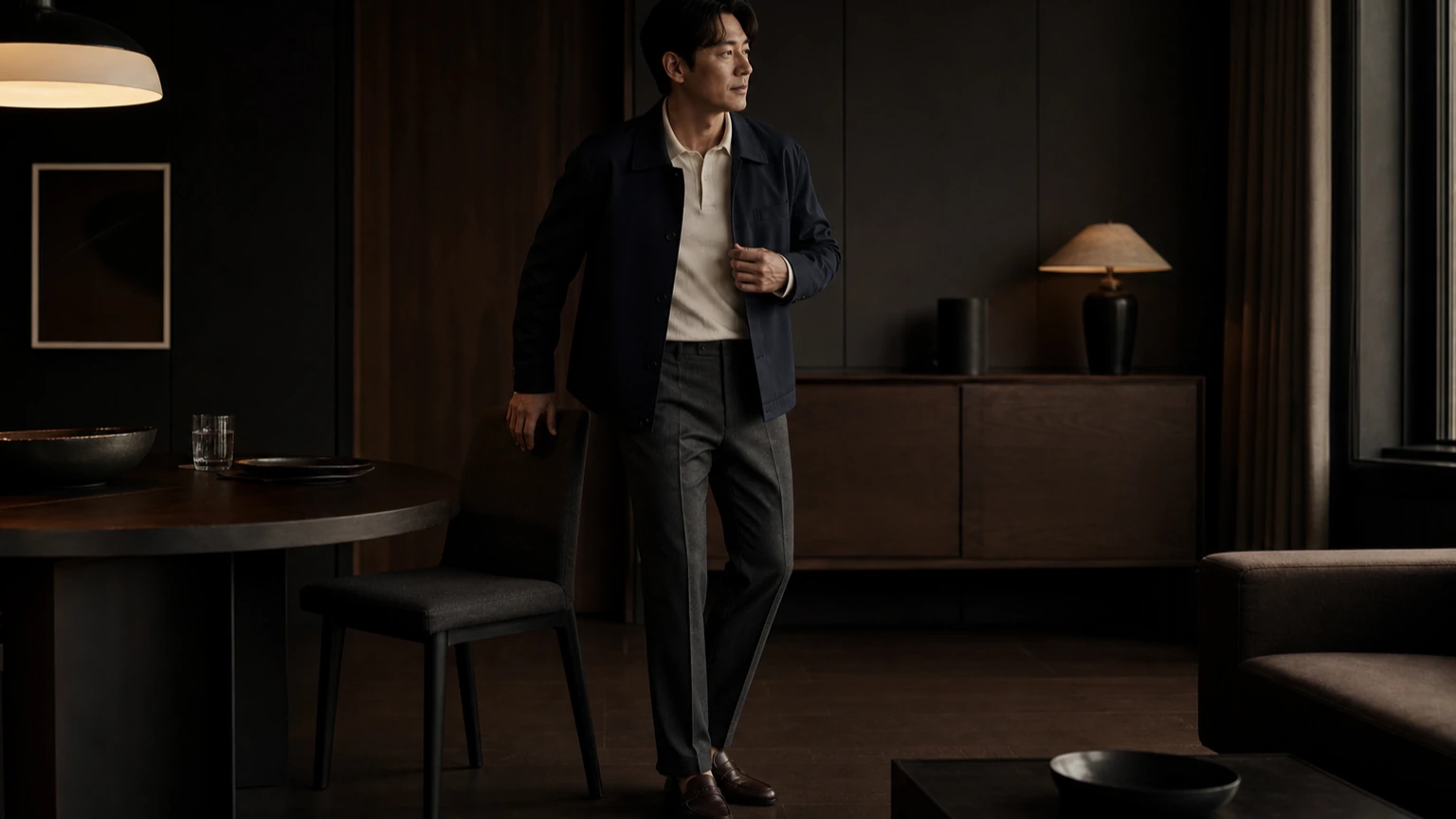 외출 전 상의와 팬츠의 비율을 점검하는 정돈된 차림의 남성