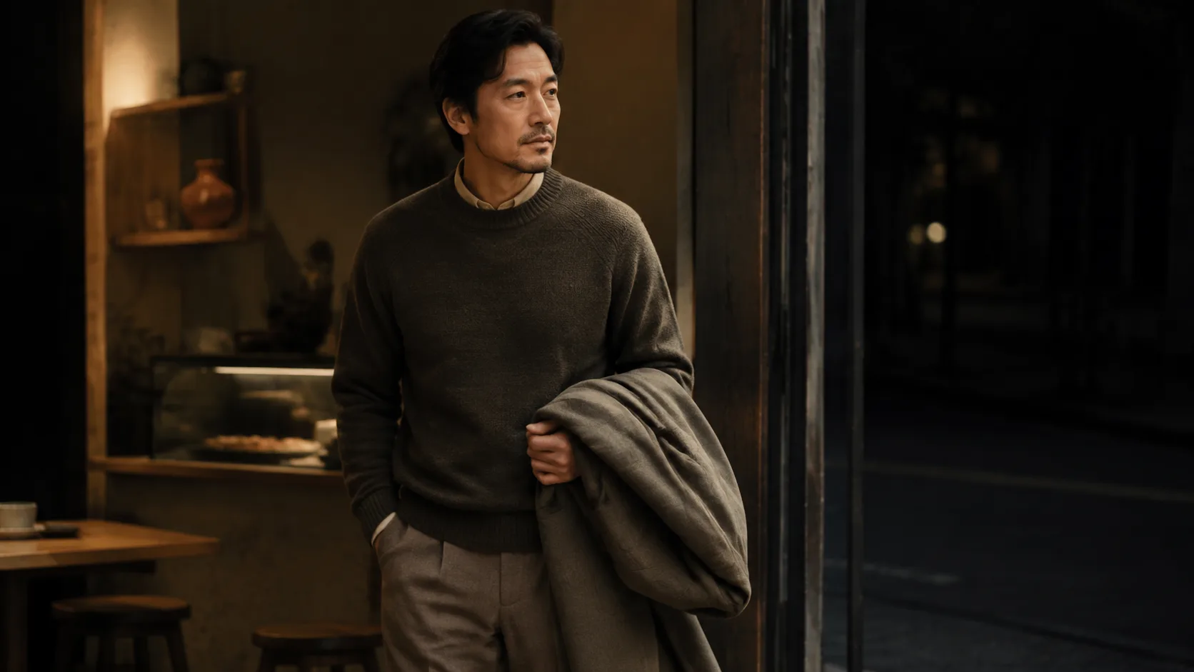 카페 안팎에서 겉옷과 주변 조건을 살피는 남성