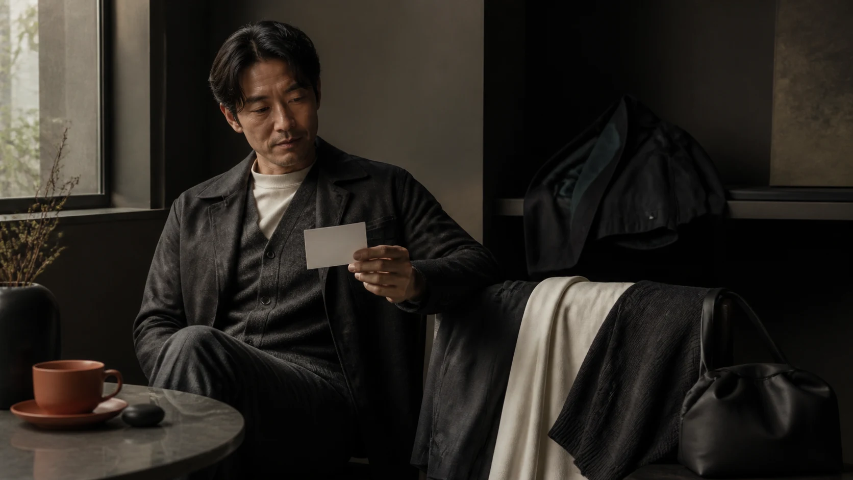 출근 전 셔츠 또는 티셔츠와 카디건, 재킷 후보를 같은 팬츠 옆에 놓고 준비 조건을 확인하는 남성