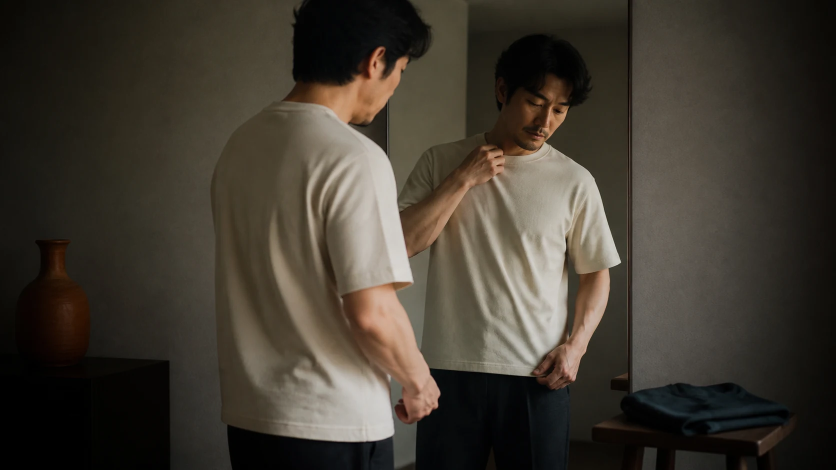 거울 앞에서 셔츠 또는 티셔츠를 기준 이너로 정하며 목선과 소매를 확인하는 남성