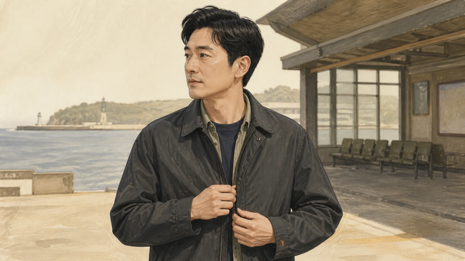 항구 대기 중 겉옷 여밈과 안쪽 겹침을 조절하는 남성