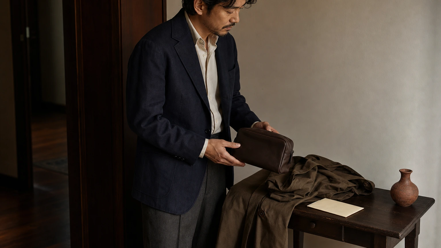 가방과 초대장 봉투를 곁에 두고 결혼식 이동 준비를 확인하는 남성