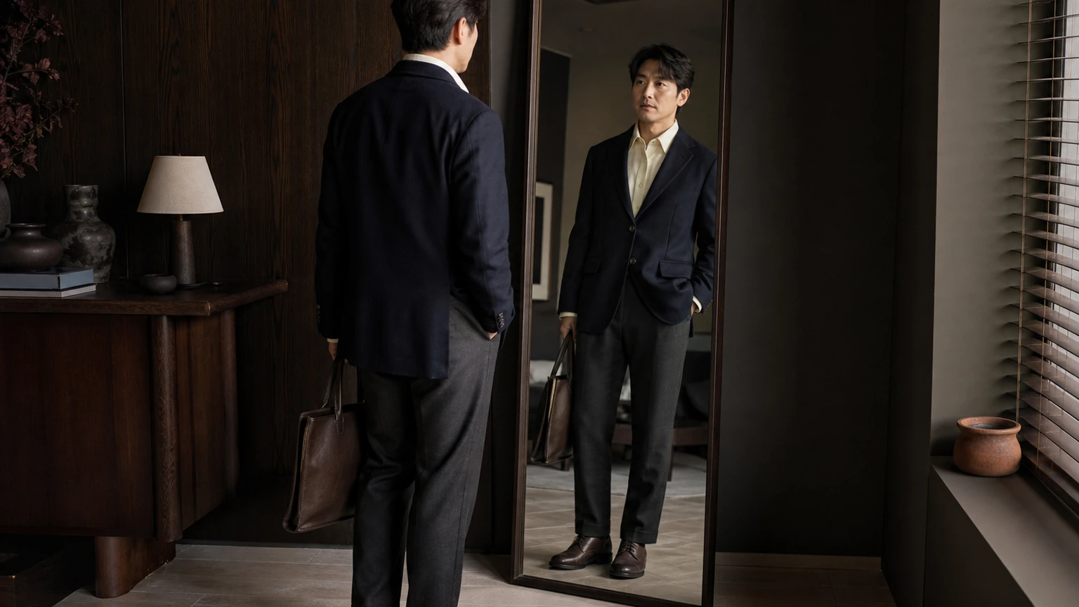 신발과 가방을 포함한 전체 옷차림을 확인하는 남성