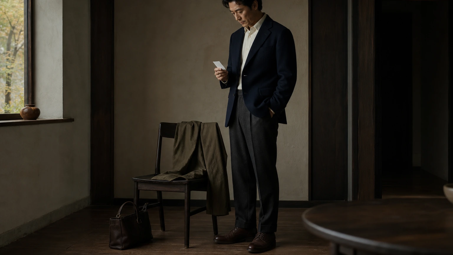 외투와 가방을 곁에 두고 출발 전 준비를 확인하는 남성