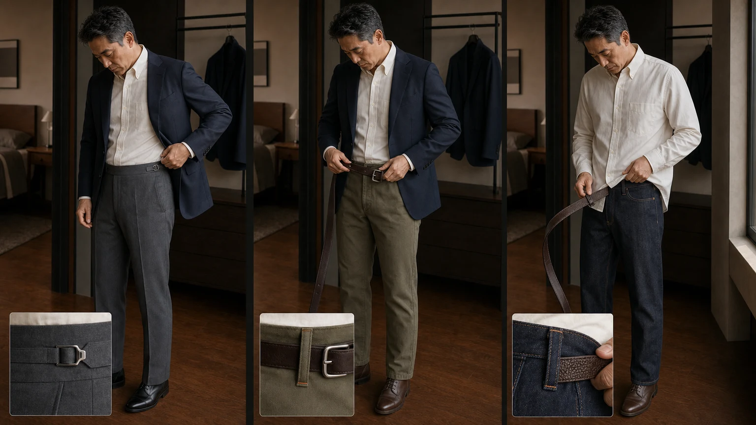 같은 남성이 사이드 어저스터가 있는 차콜 슬랙스와 고리가 있는 올리브 치노, 인디고 데님의 허리 구조와 셔츠 연출을 나란히 확인하는 장면