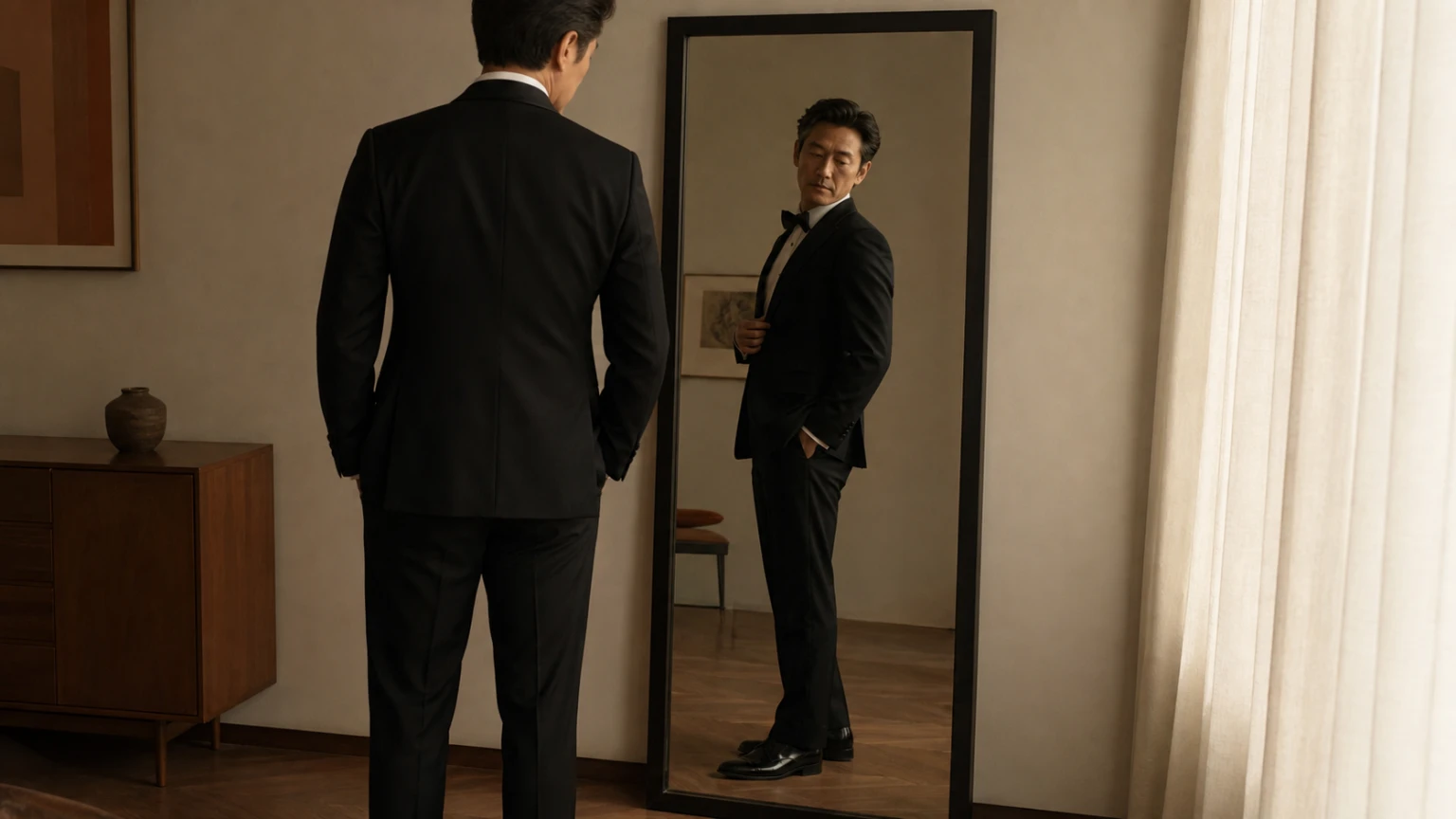 거울 앞에서 어두운 재킷의 어깨와 여밈, 바지의 선을 살피는 남성