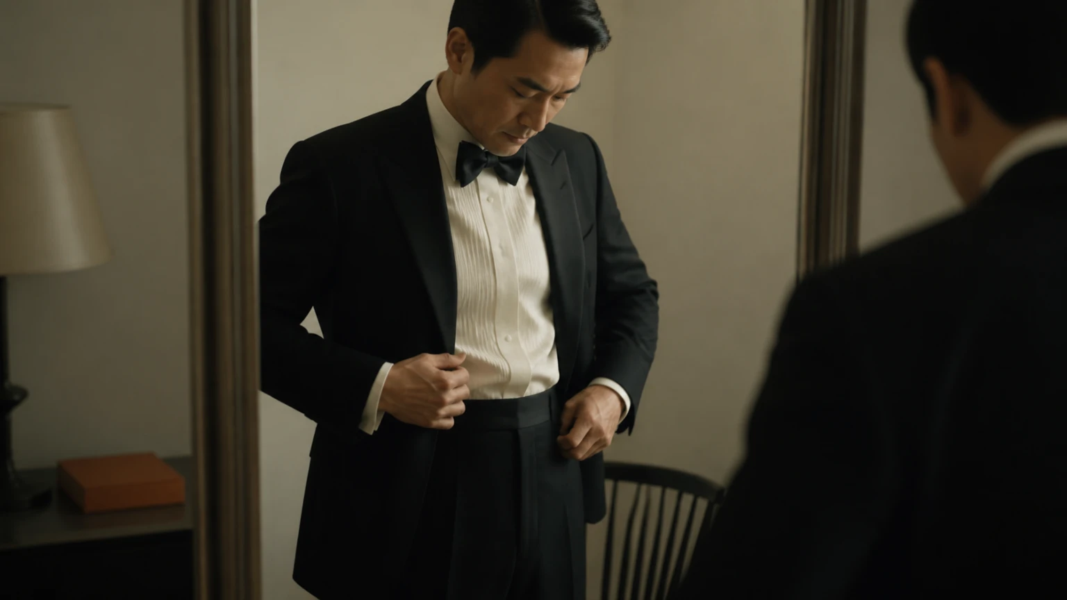 거울 앞에서 재킷 아래와 바지 허리의 연결을 확인하는 남성
