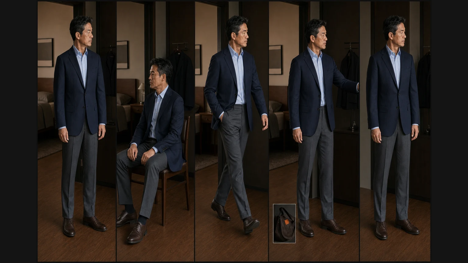 네이비 재킷과 옅은 블루 셔츠, 그레이 슬랙스, 브라운 더비를 입고 서고 앉고 걷고 낮게 팔을 뻗은 뒤 옷의 위치를 확인하는 남성의 연속 장면