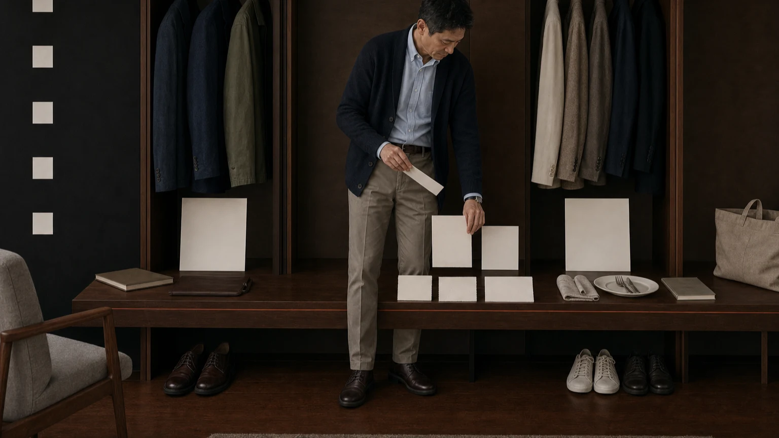 토프 치노와 라이트 블루 셔츠, 네이비 가디건을 입은 남성이 내부 업무와 주말 가족 식사 카드에 복장 안내와 동작, 전환 시간과 대체안을 나누어 적는 장면