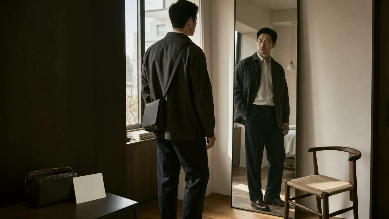 전신 거울 앞에서 셔츠와 겉옷, 팬츠의 균형을 확인하는 남성