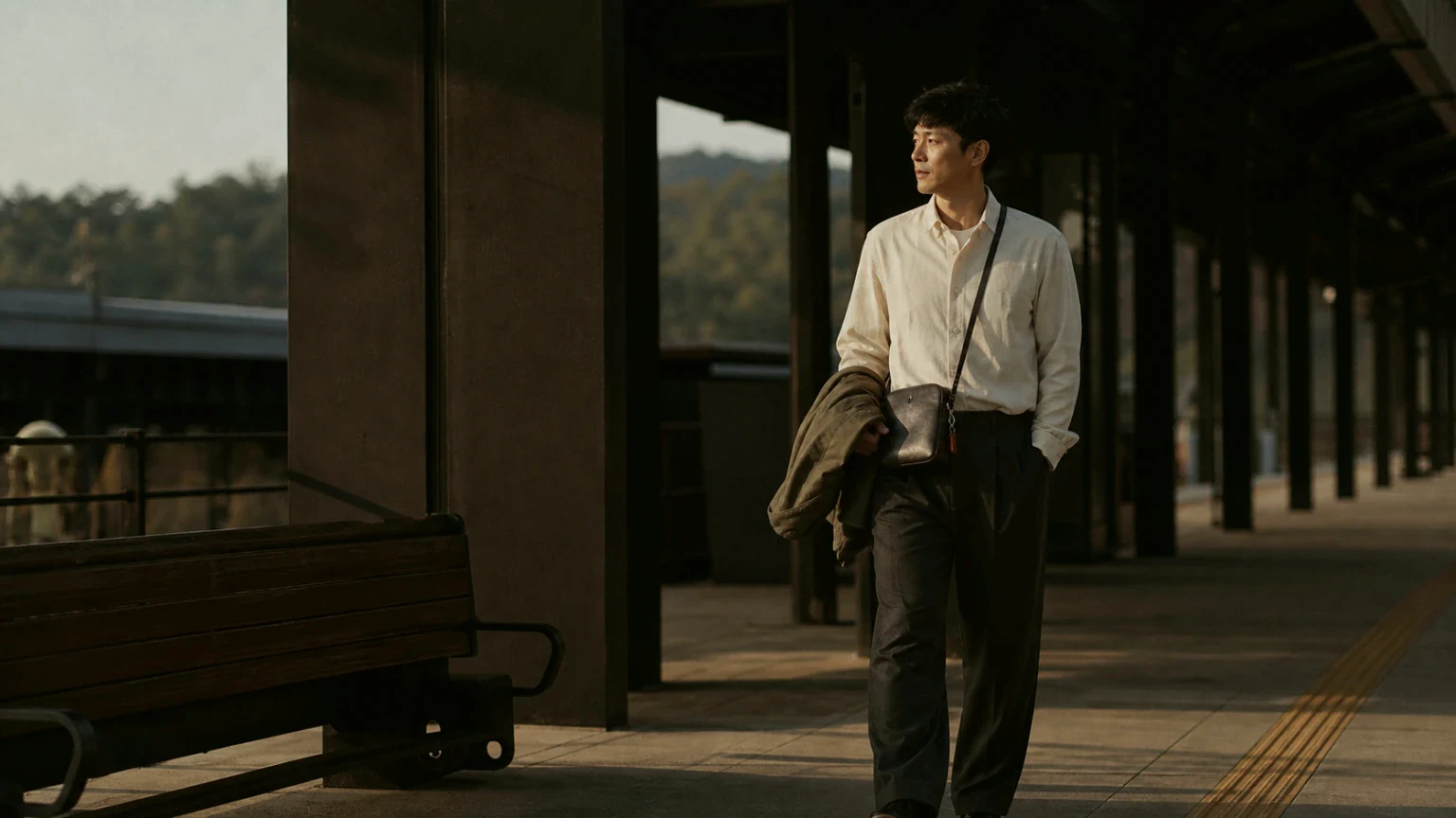 이동 전 가벼운 겉옷과 작은 가방을 든 남성