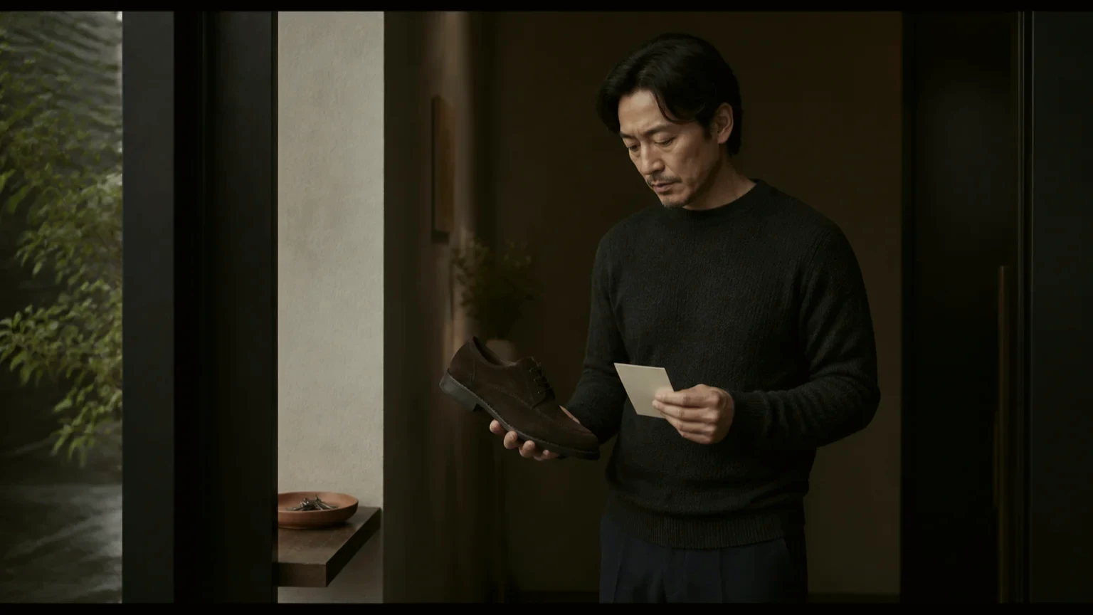 현관 가까이에서 신발 표면과 상태를 살피는 남성