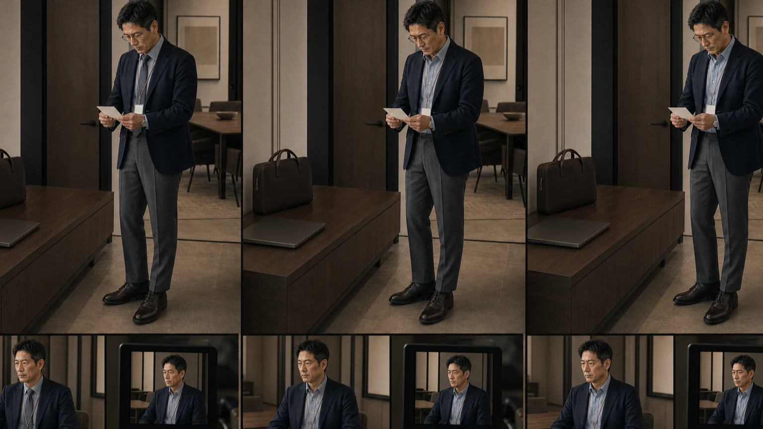 같은 네이비 재킷과 그레이 팬츠 차림의 남성이 블루 잔체크 셔츠와 타이, 시계의 패턴과 광택을 한 요소씩 줄여 회의실과 카메라 화면에서 비교하는 장면