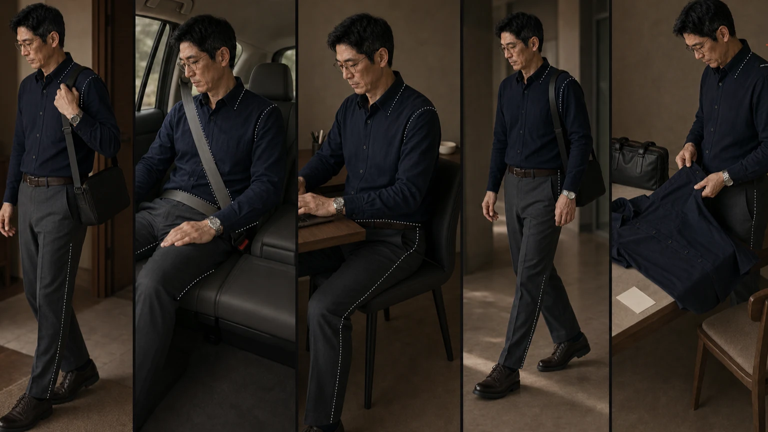 네이비 셔츠와 차콜 트라우저를 입은 남성이 출근 이동과 책상, 의자, 안전벨트, 가방이 닿는 칼라·커프·어깨·허리·무릎 위치를 기록하는 다섯 컷