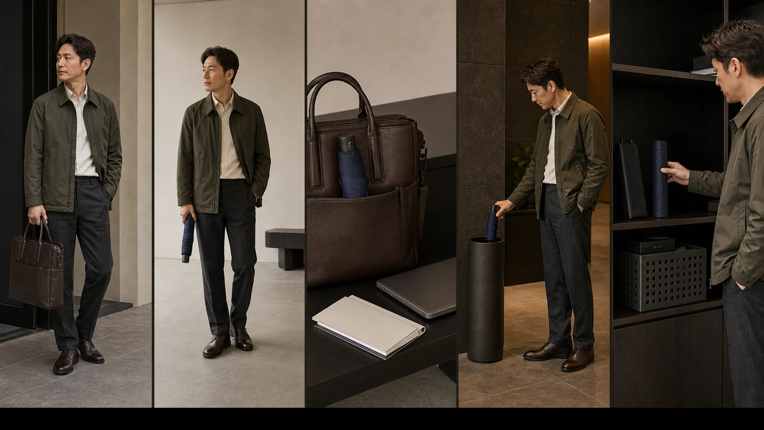 오프화이트 셔츠와 올리브 재킷 차림의 남성이 닫힌 우산을 현관에서 가방 외부와 로비 우산꽂이, 사무실 보관 위치로 옮겨 보는 연속 장면