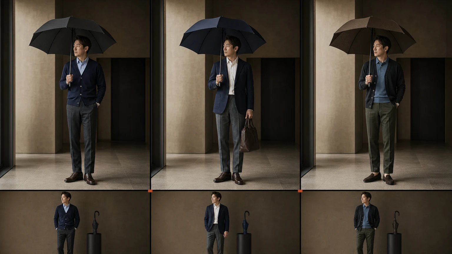 같은 남성이 내부 업무와 고객 미팅과 퇴근 후 모임 착장에 차콜·네이비·브라운 우산 후보를 대입하고 로비에 둔 뒤 남는 셔츠와 팬츠 인상을 비교하는 장면