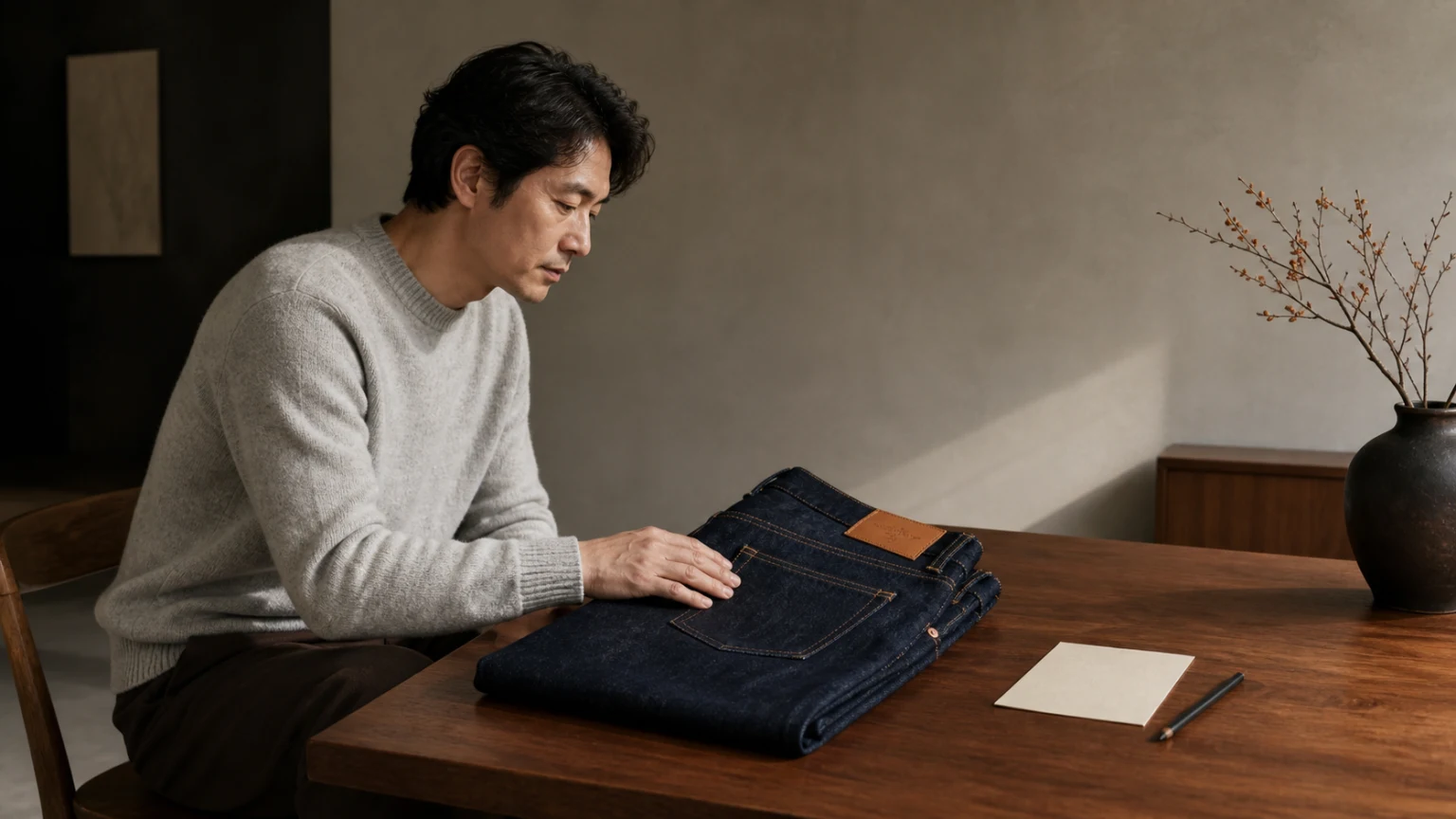 데님 팬츠의 표면과 부자재를 차분히 확인하는 남성