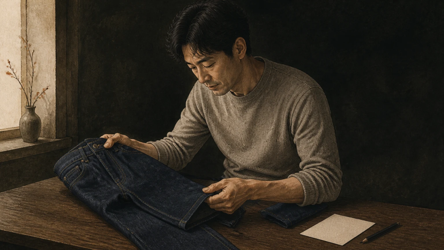 마른 데님 팬츠의 허리와 밑단 상태를 확인하는 남성