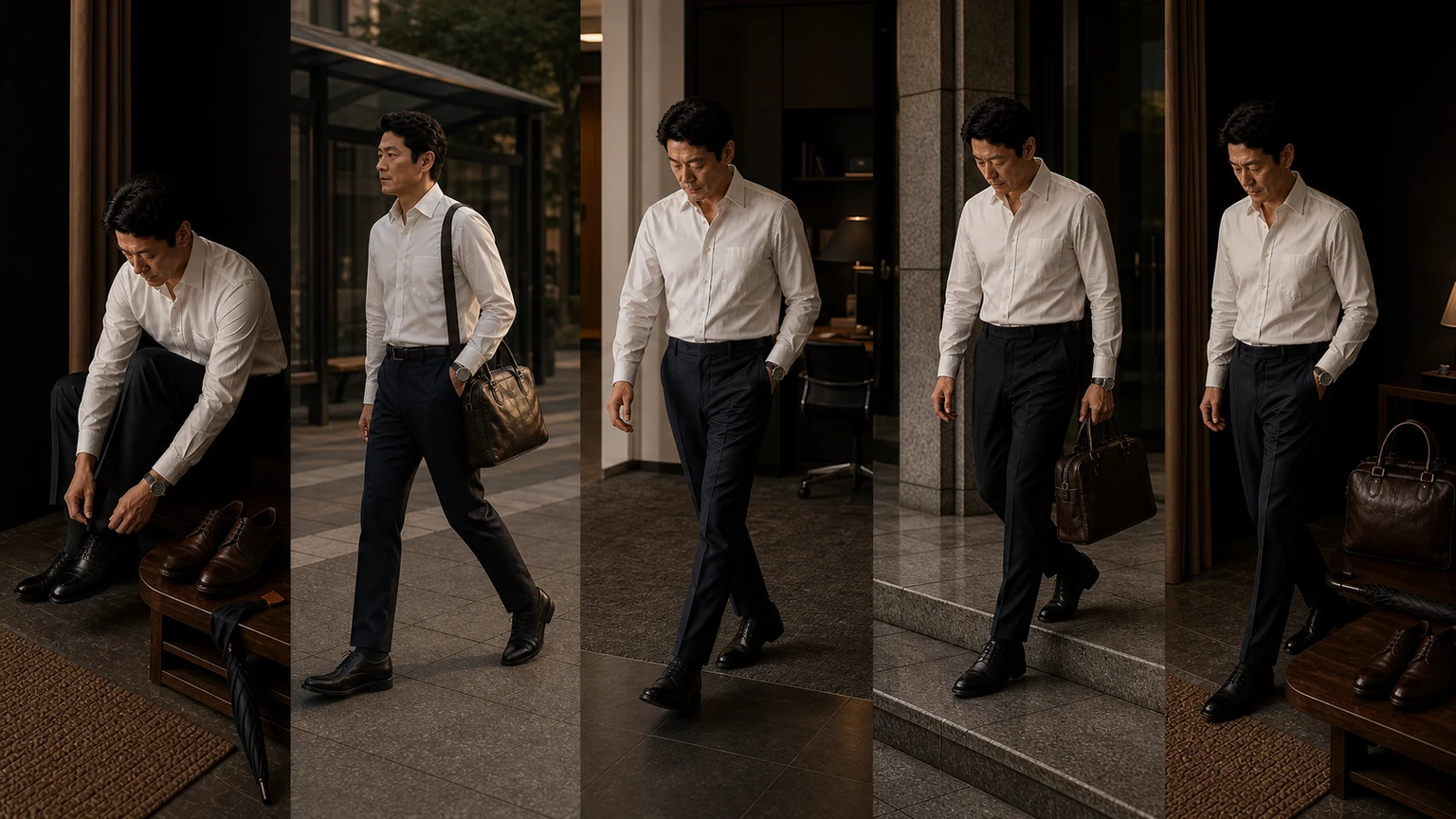 네이비 팬츠와 검정 옥스퍼드를 착용한 40대 남성이 현관과 출근길, 사무실, 외부 미팅, 귀가 구간의 서로 다른 바닥을 확인하는 장면