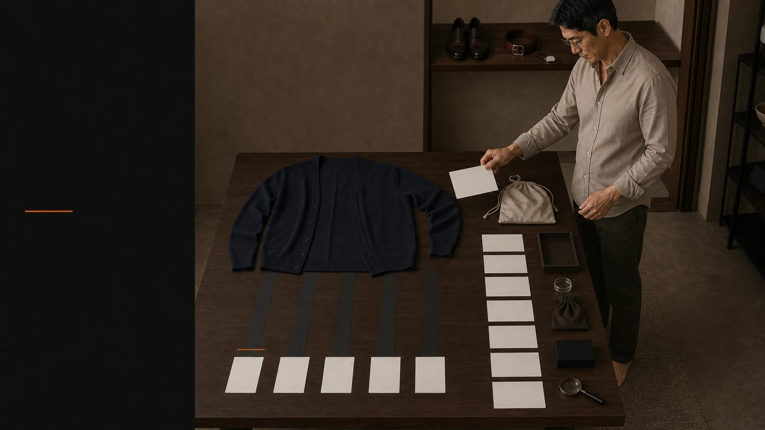 토프 셔츠와 올리브 치노, 네이비 가디건 차림의 남성이 드레스룸에서 세탁 포장과 옷 상태를 확인하고 접수증·라벨·전후 사진을 정상 마감과 문제 문의 경로로 나누는 장면