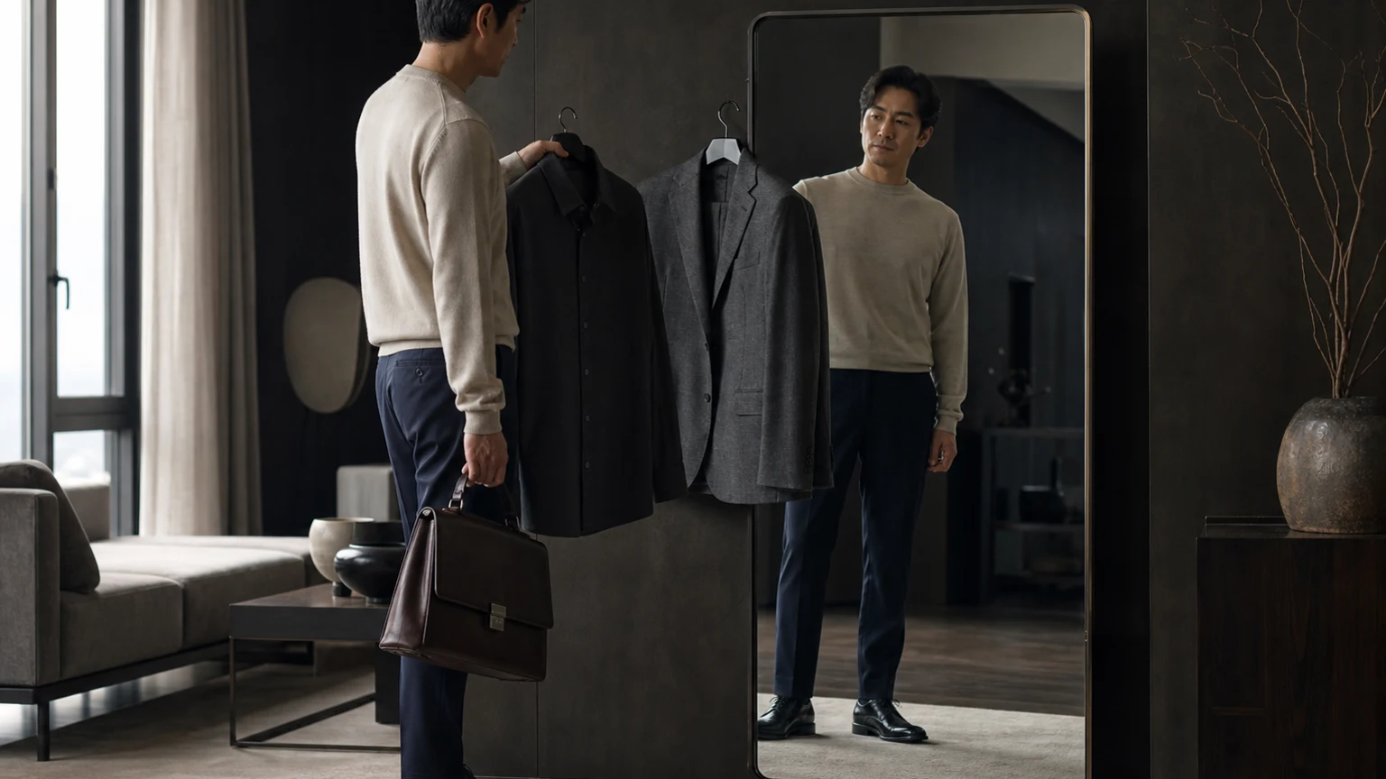 상의와 팬츠, 신발은 유지한 채 얇은 아우터 한 벌만 거울 옆에서 비교하는 모습