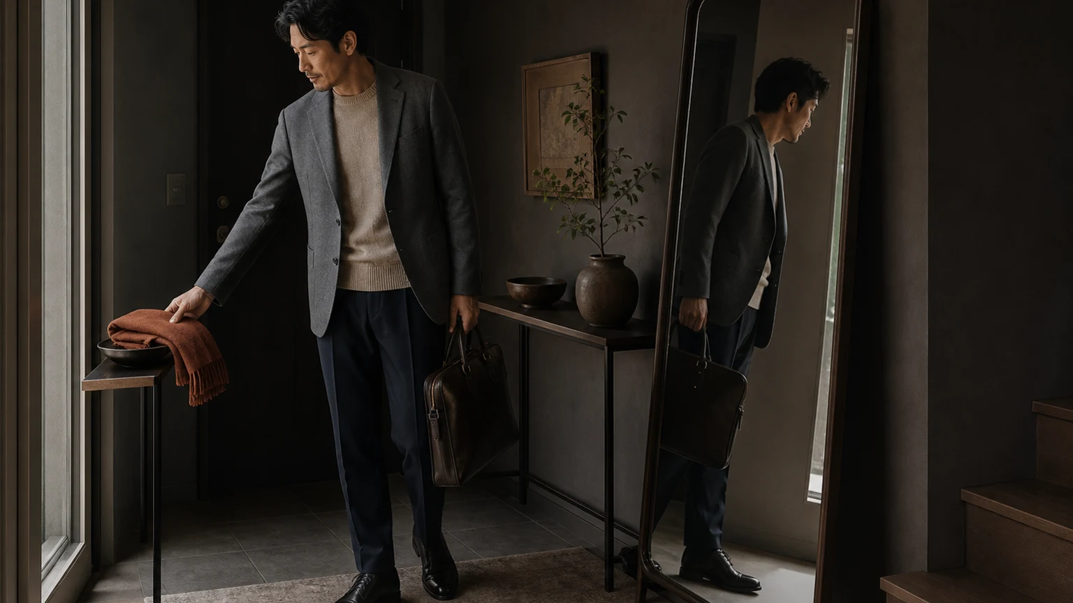 현관 거울 앞에서 신발과 가방, 소품을 정리하며 출발 전 한 벌을 점검하는 모습