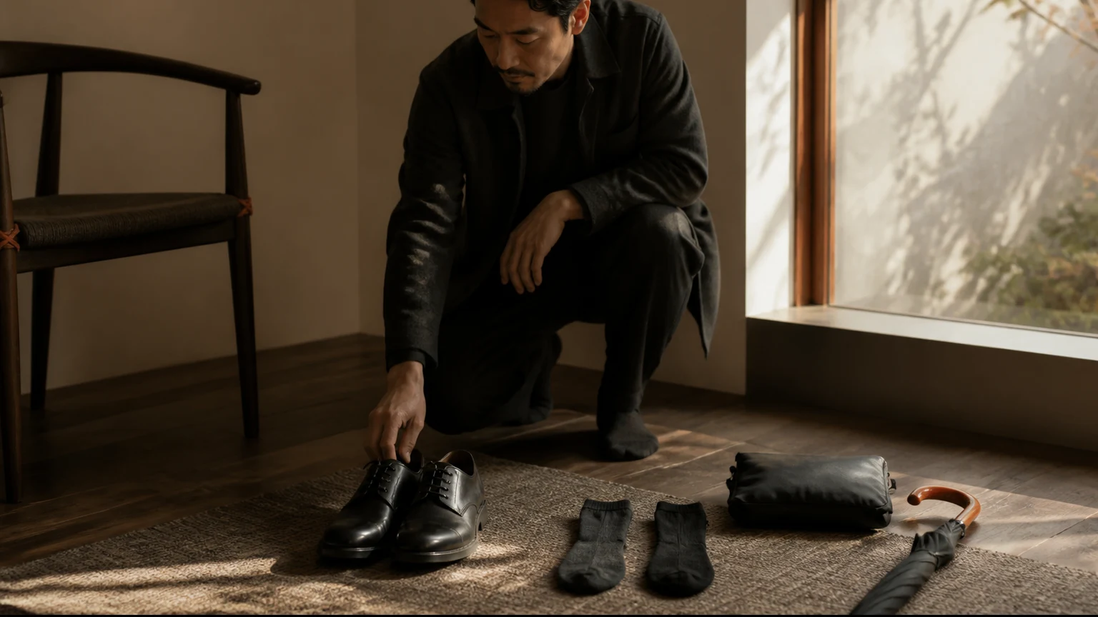 창가의 의자 옆에서 신발과 무지 양말 두 켤레를 살피며 출근을 준비하는 남성