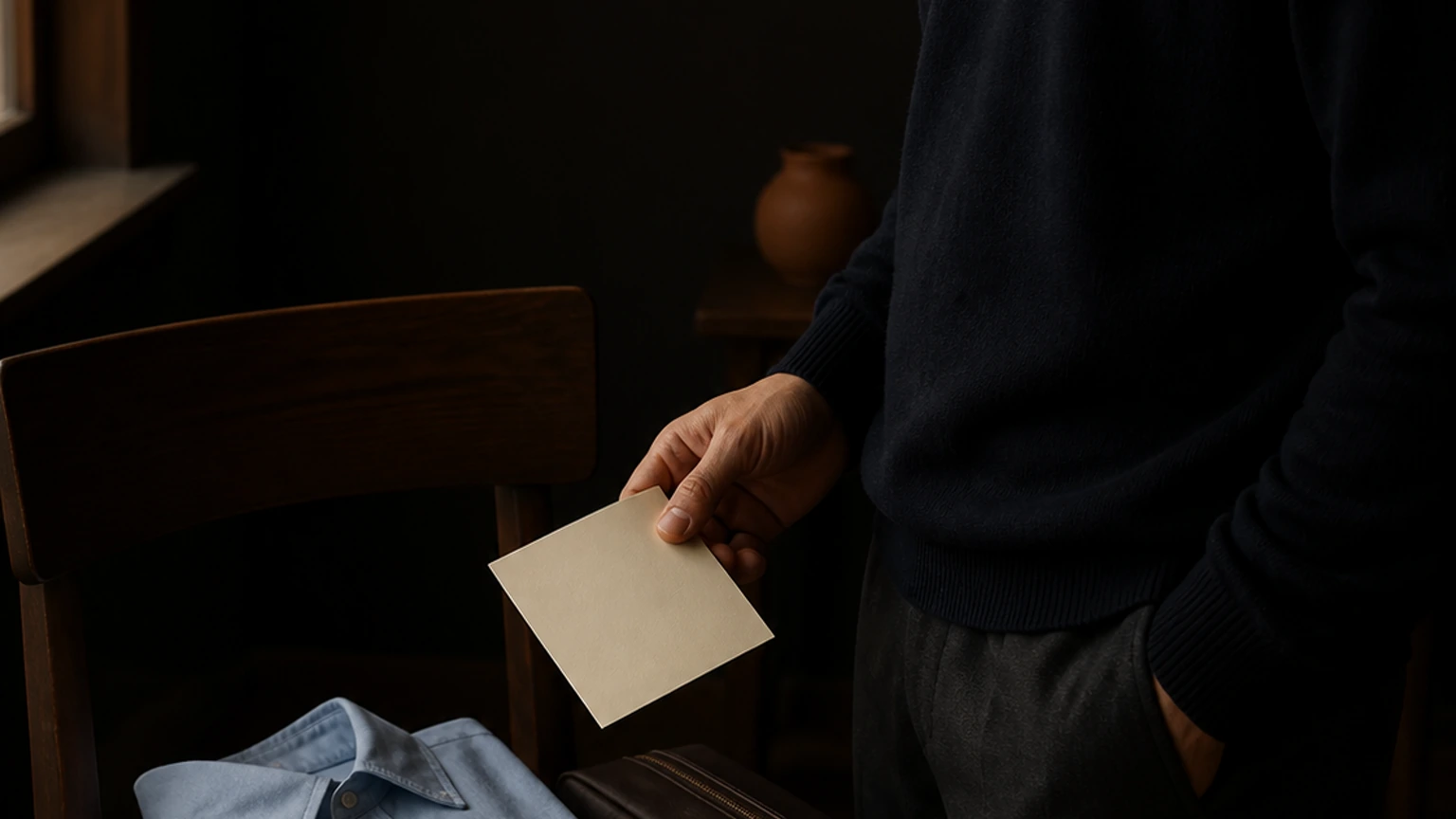 옷과 작은 가방을 곁에 두고 출발 전 준비를 확인하는 남성