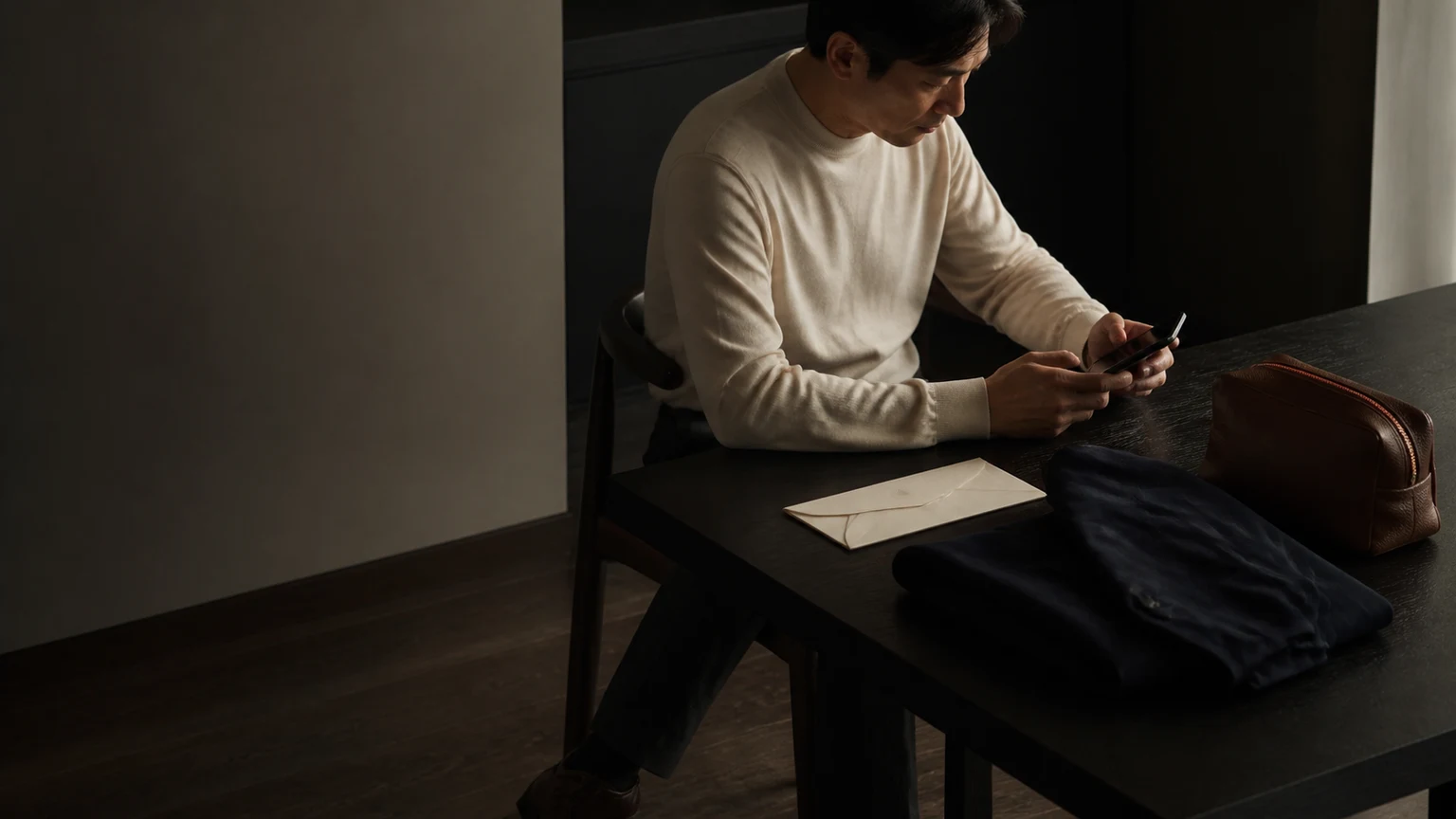 외투와 가방을 곁에 두고 전시 방문 준비를 확인하는 남성