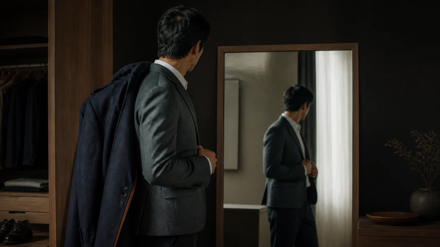 재킷과 외투의 겹침을 거울에서 확인하는 남성