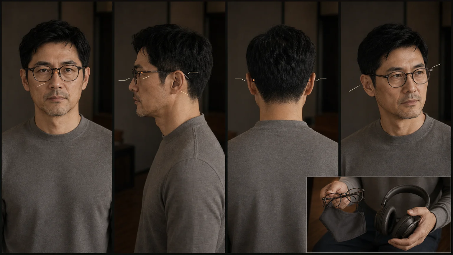 웜 그레이 니트를 입은 남성이 같은 안경을 쓴 채 정면과 측면, 후면, 고개 동작 뒤 위치를 비교하고 마스크와 헤드셋을 착탈하는 장면