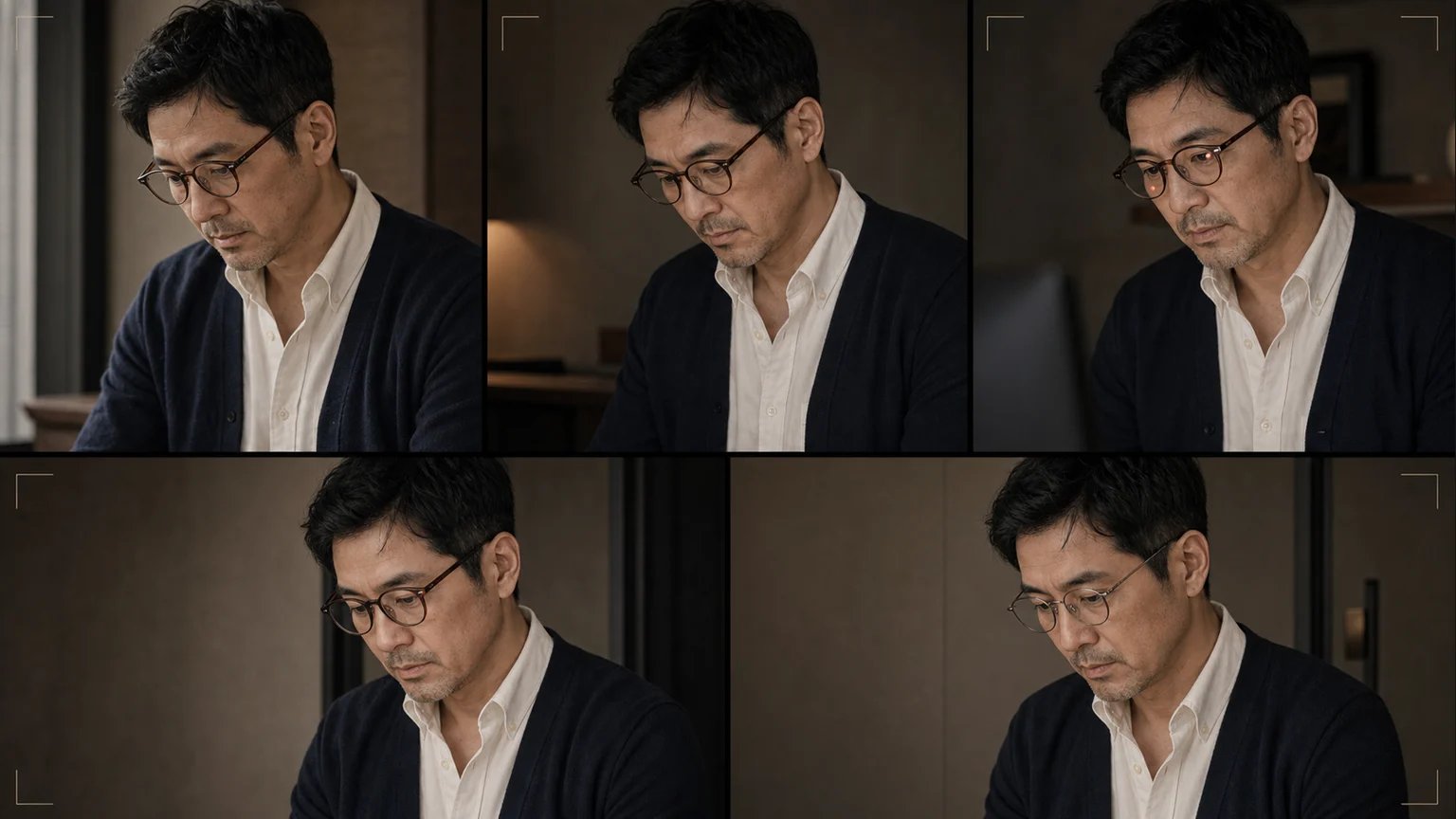 웜 오프화이트 셔츠와 네이비 가디건을 입은 같은 남성이 짙은 브라운 안경을 자연광과 사무실 조명, 화상 화면에서 비교하고 아래에서 어두운 실버 톤 안경과 바꾸어 보는 장면