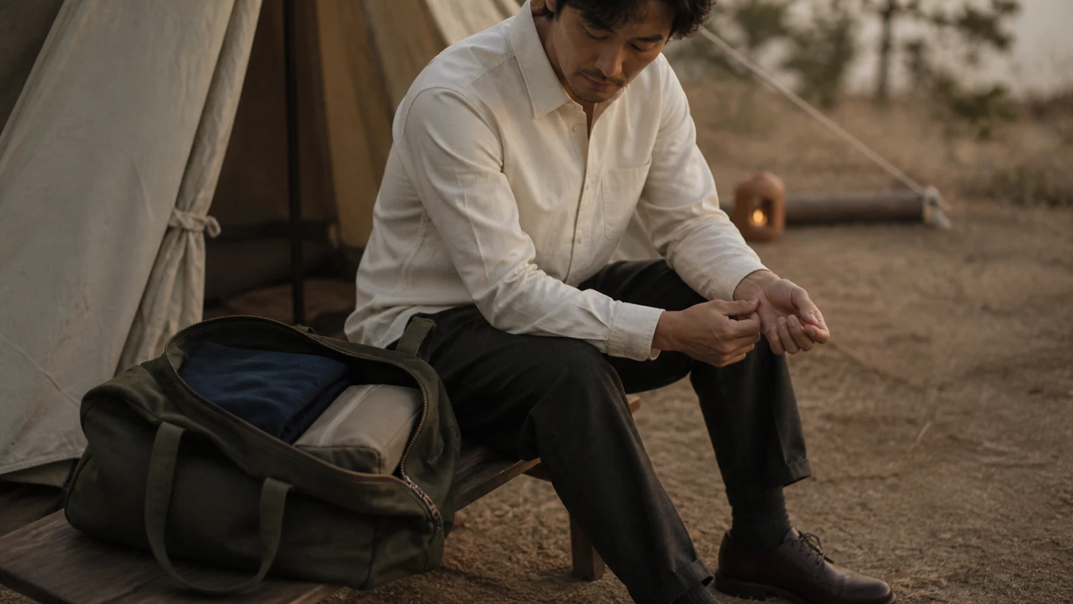 가족 캠핑 전 옷과 신발, 가방 속 소지품의 상태를 점검하는 남성