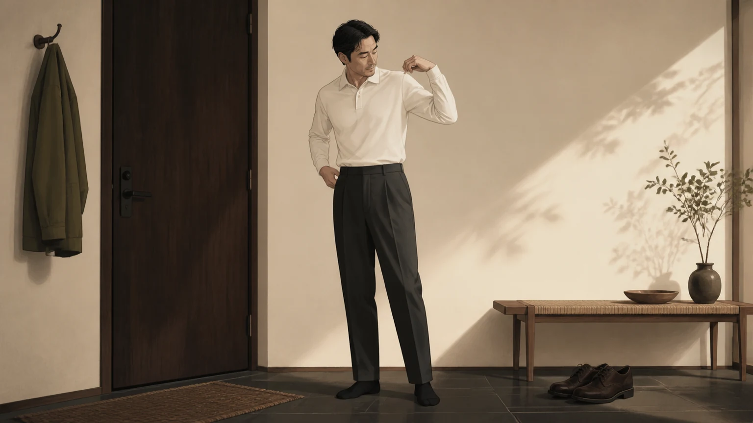 라운드 전 가벼운 동작으로 상의와 팬츠의 착용 상태를 확인하는 남성