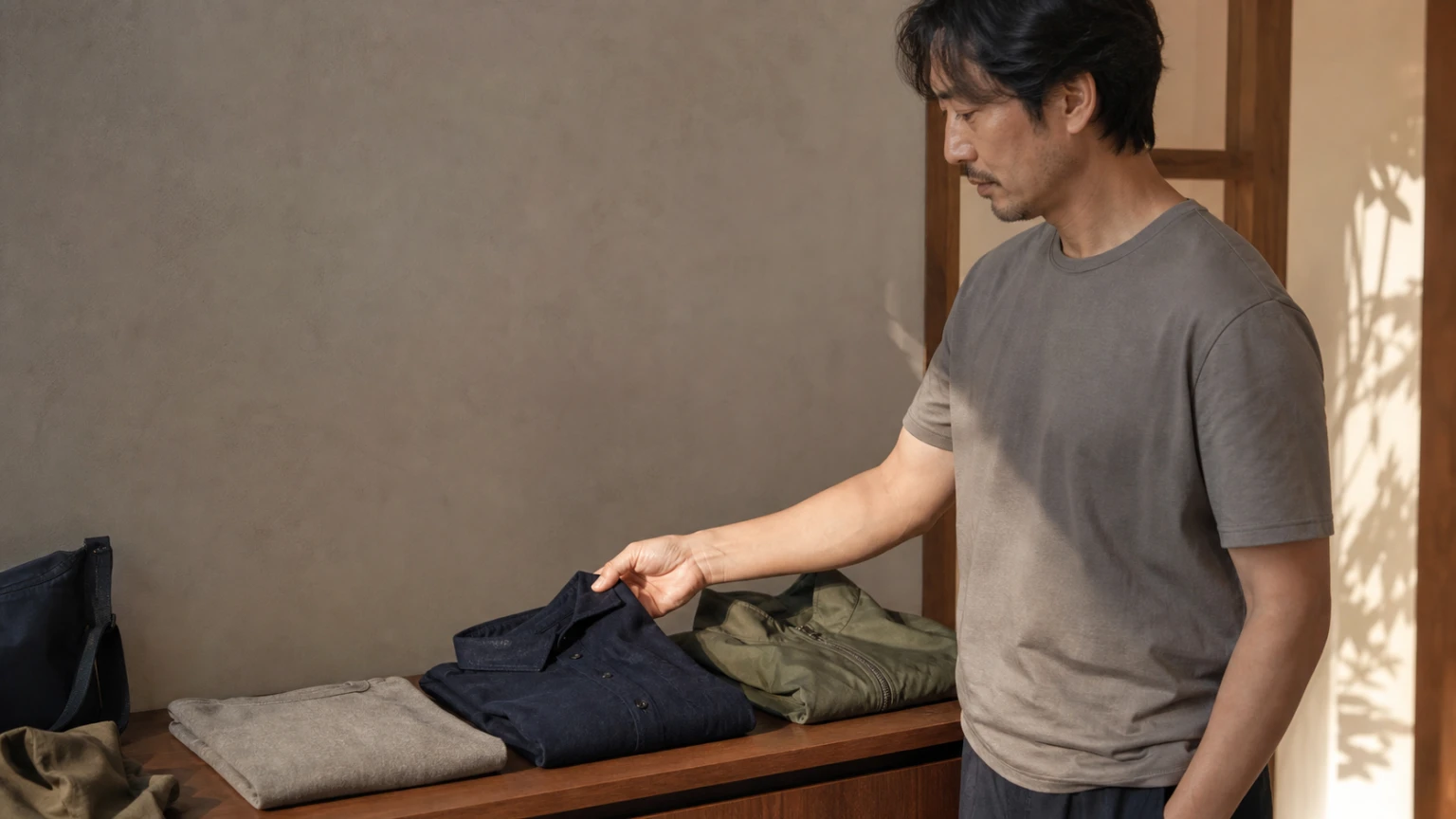 얇은 상의와 중간 옷, 가벼운 겉옷을 차례로 놓고 겹쳐 입을 조합을 고르는 남성