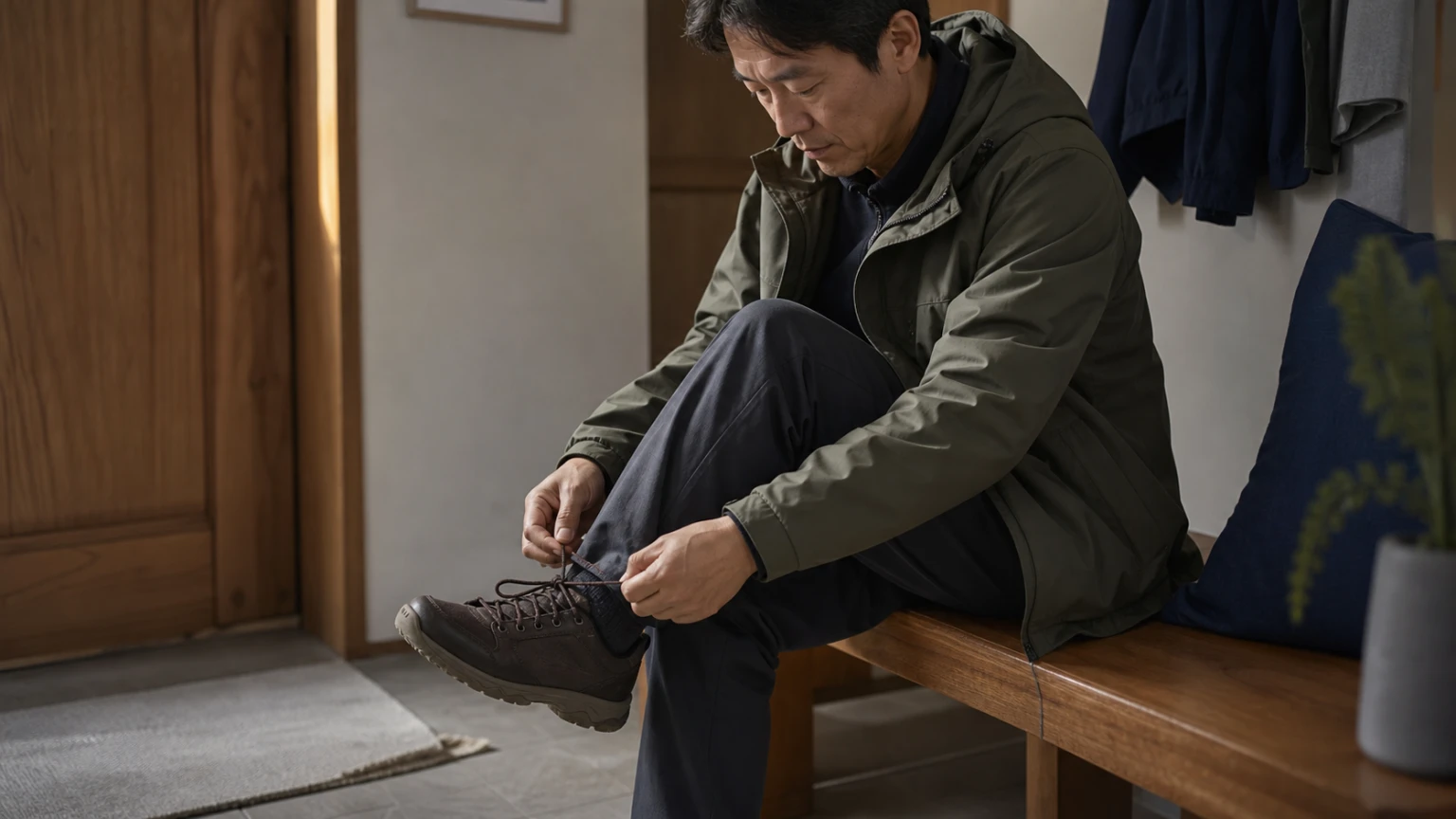 현관 벤치에서 신발끈과 양말의 착용감을 차분히 확인하는 남성