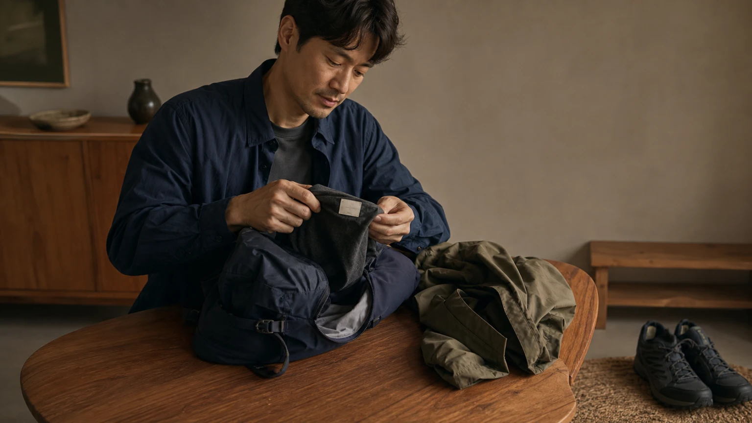 귀가 뒤 가방을 정리하며 옷 안쪽의 무문자 케어라벨을 확인하는 남성