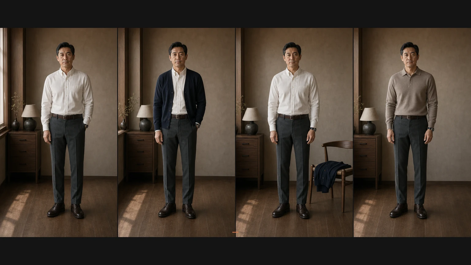 오프화이트 셔츠와 차콜 팬츠, 브라운 더비를 고정한 남성이 네이비 가디건을 더하고 벗은 상태와 토프 니트 상의 한 요소를 바꾼 상태를 비교하는 장면