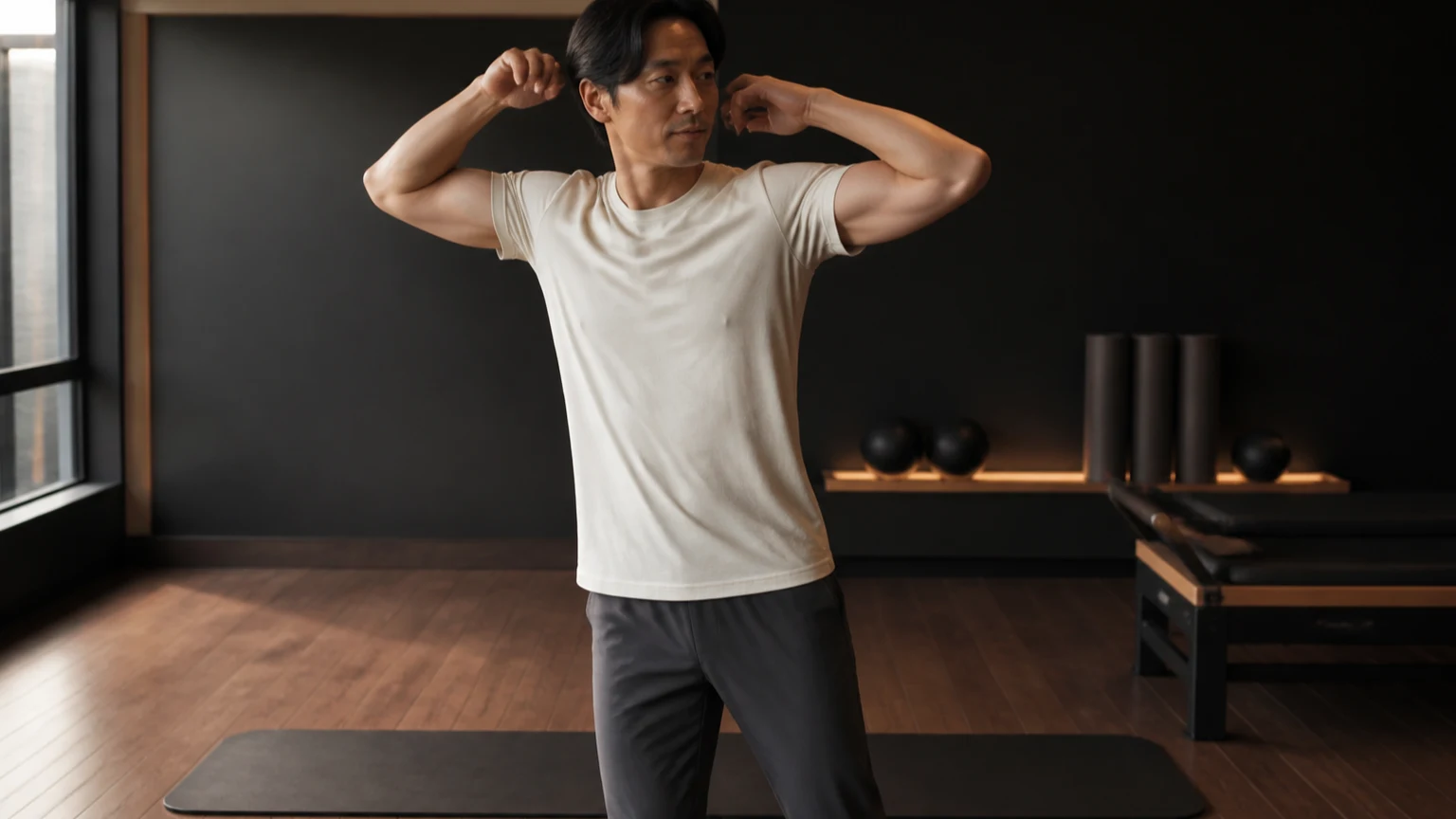 매트 옆에서 수업 전 상의와 하의의 움직임을 확인하는 남성
