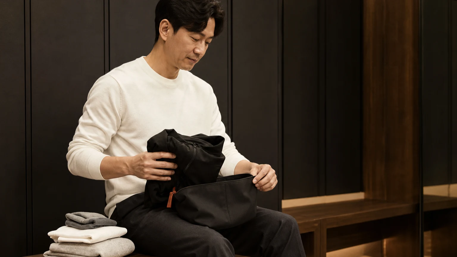 라커 앞에서 가벼운 겉옷과 수업 뒤 갈아입을 옷을 나누는 남성