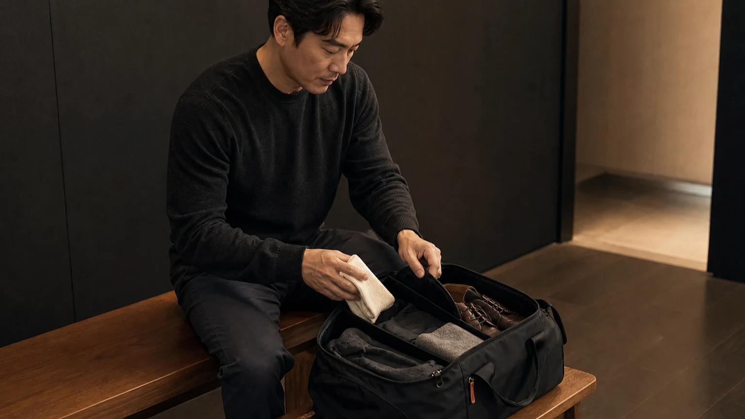 수업 뒤 신발과 사용한 옷, 개인 물품을 가방에 나누어 정리하는 남성