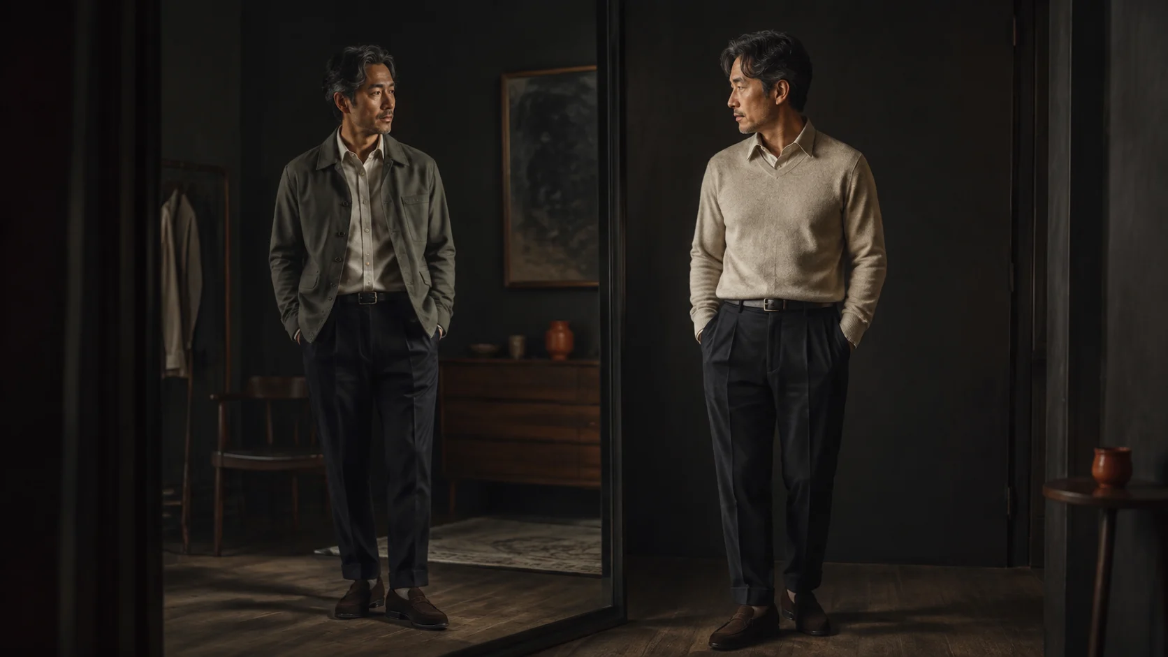 셔츠와 팬츠에 재킷과 니트를 바꿔 한 벌 구조를 비교하는 남성