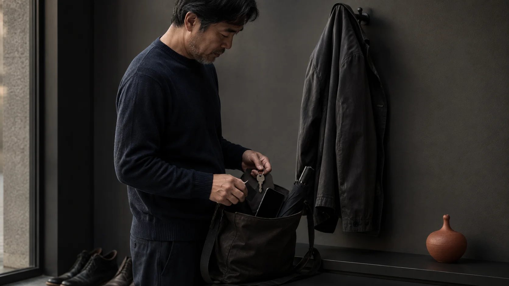 소지품과 신발을 확인하고 재킷을 걸어 두는 남성