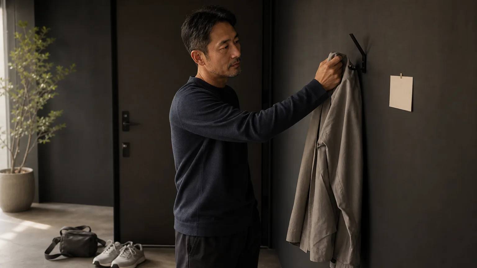 러닝 뒤 현관에서 신발과 겉옷을 정리하며 다음 준비를 살피는 남성