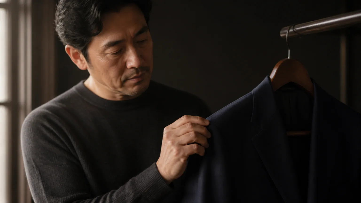 옷걸이에 걸린 정장의 어깨와 소매 상태를 살피는 손